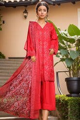 Bin Saeed Stitched 3 Piece Luxe Self & Self Suit-NSM-2225-Red