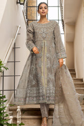 Bin Saeed Stitched 3 Piece Luxury Emb Organza Frock Suit-OWS-1832-Grey