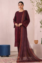 Bin Saeed Stitched 3 Piece Luxury Plain Cotton Suit-LF-2481-Maroon
