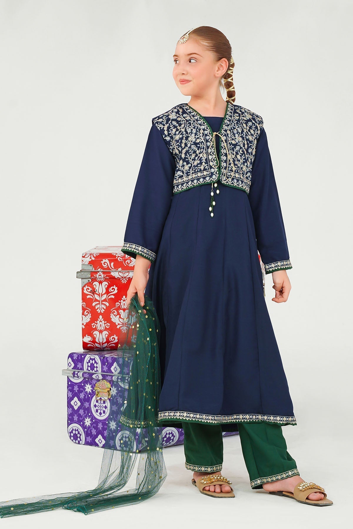 Discover elegance with our Raw Silk Embroidered 3 Pc Suit for Girls. A stunning hand embroidery dress design