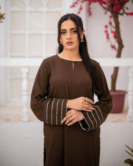 Zauk Stitched Co Ords Solids Set Suit-Brown