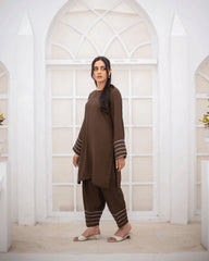 Zauk Stitched Co Ords Solids Set Suit-Brown