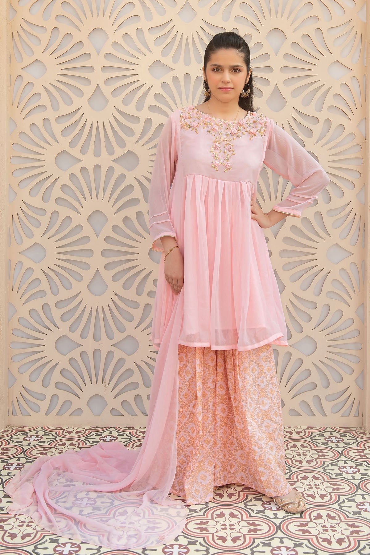 Shop the Chiffon Hand Adda Work 3 Pc Suit ? the best girls' dress in Pakistan