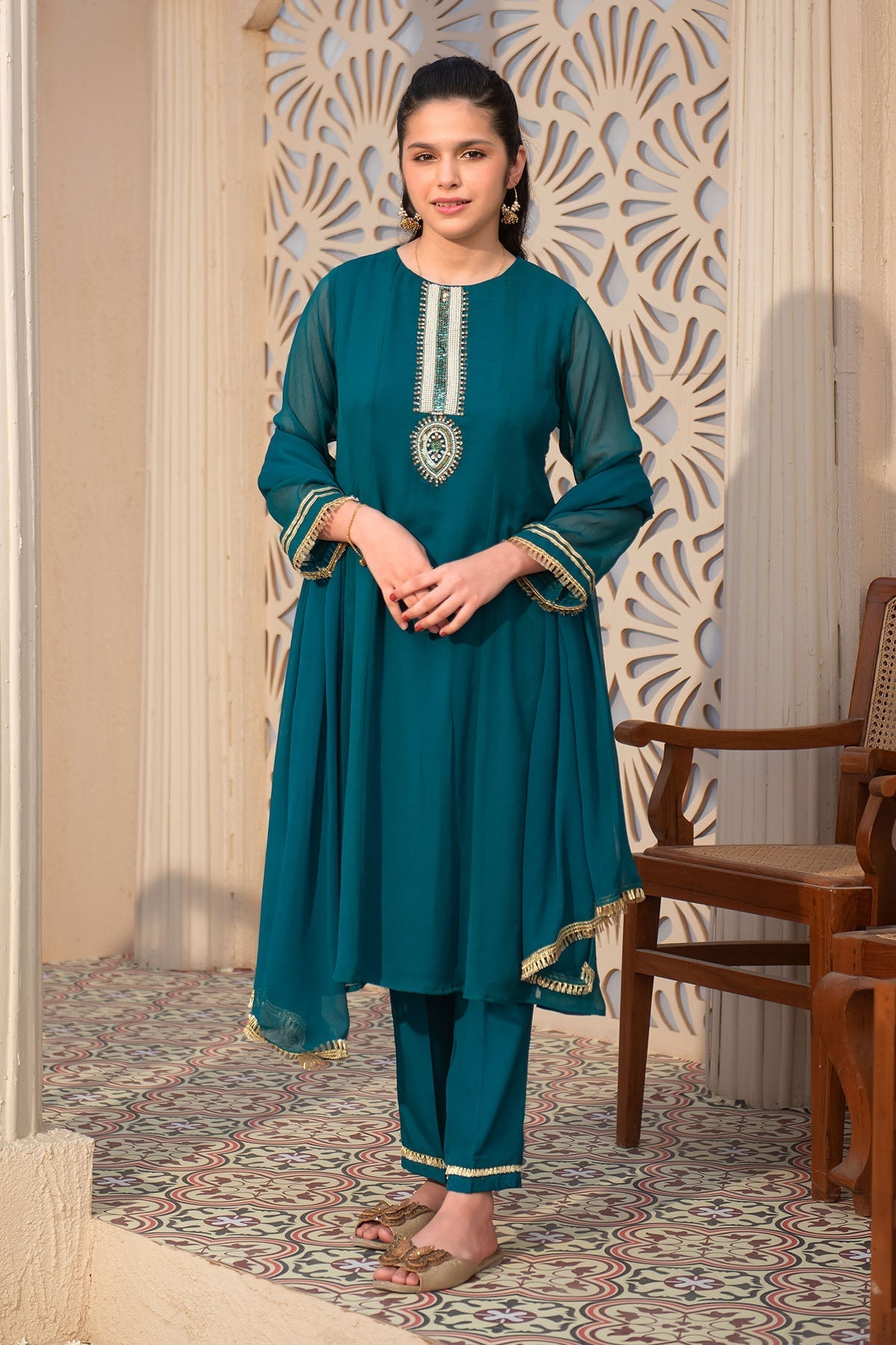 Chiffon Hand Adda Work 3 Pc Suit - Wear Ochre