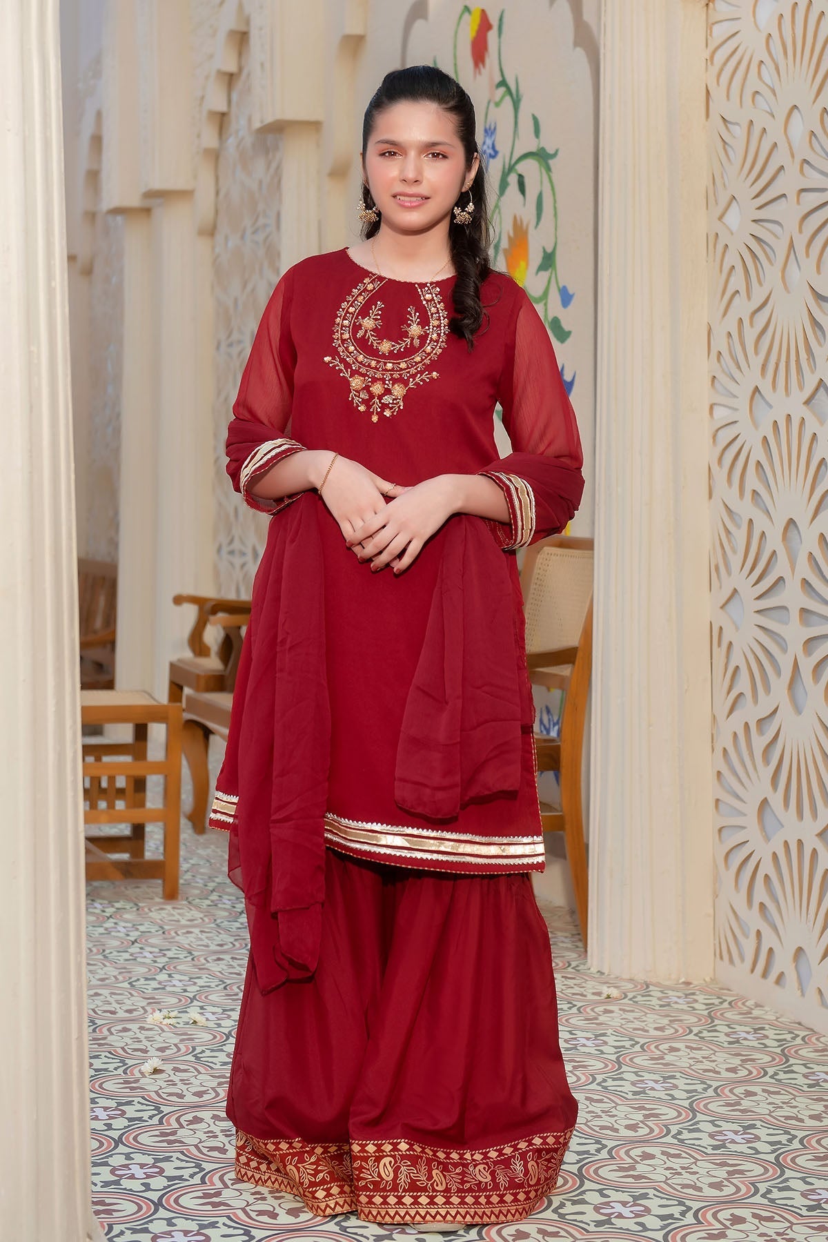 Chiffon Hand Adda Work 3 Pc Suit - Wear Ochre