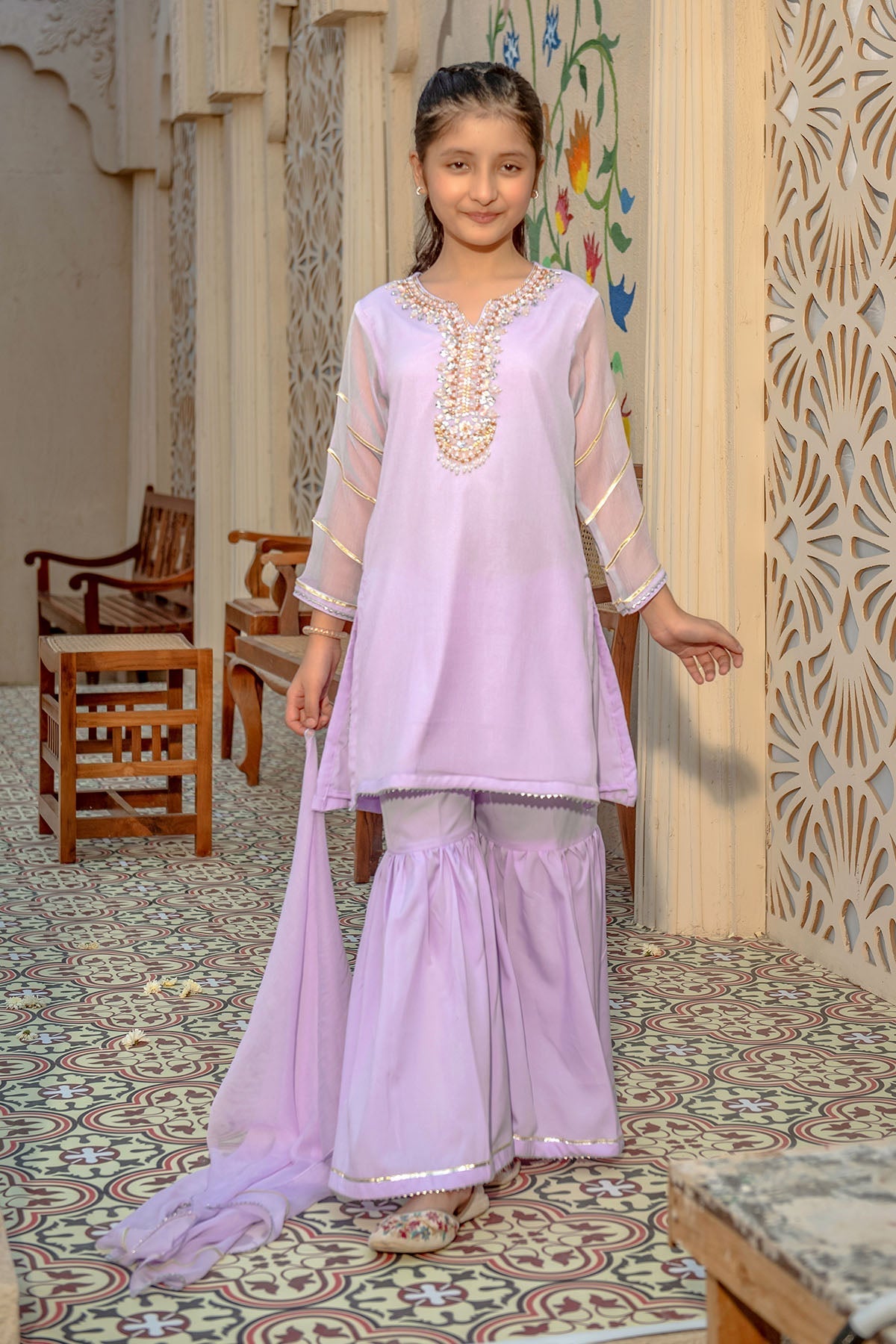 Chiffon Hand Adda Work 3 Pc Suit - Wear Ochre