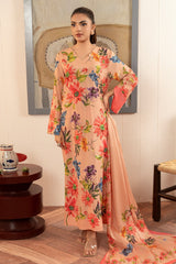 Zebaish By Stitch Vibes Stitched 3 Piece Dress Suit-Coral Floral Dress