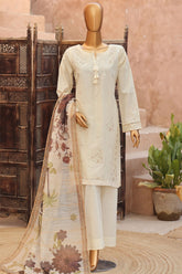 Sumi Stitched 3 Piece Self Cotton Jacquard Festive Suit-SCJ-01-Off White