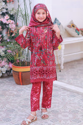 Shifa Girls By Suntex Stitched 3 Piece Emb Lacekaari Cutwork Suit-OS-2509-Red