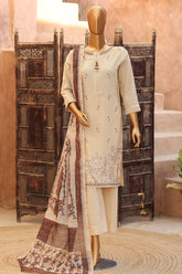 Sumi Stitched 3 Piece Self Cotton Jacquard Festive Suit-SCJ-03-Off White