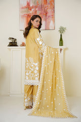 Threads & Weaves Sunshine Yellow Embroidered Viscose 3-Piece Suit