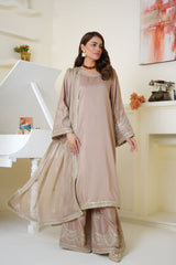 Threads & Weaves Champagne Beige Embroidered Viscose 3-Piece Suit