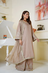 Threads & Weaves Champagne Beige Embroidered Viscose 3-Piece Suit
