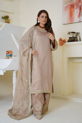 Threads & Weaves Champagne Beige Embroidered Viscose 3-Piece Suit