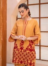 Daily Chic - Ahlam By Safa Textile Stitched 1 Piece Summer Shirt-Mustard Red Stripe Embroidery