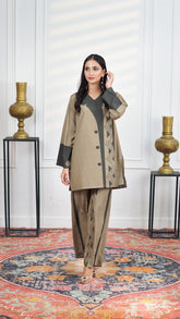 Premier Essence By Neesh Stitched Co Ords Summer Suit-Sandstone - 2 Piece