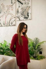 Zouj Stitched Co Ords Spring Solids Suit-Crimson Charm