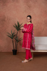 Feathers Unstitched 3 Piece Emb Lawn Summer Suit-Fuchsia Cameo Trim-Embroidered 3pc