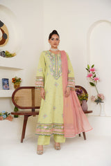 Threads & Weaves Embroidered Lime Green 3-Piece Ready-to-Wear Lawn Suit with Peach Dupatta