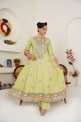 Threads & Weaves Embroidered Lime Green 3-Piece Ready-to-Wear Lawn Suit with Peach Dupatta