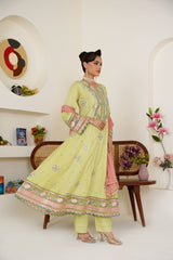 Threads & Weaves Embroidered Lime Green 3-Piece Ready-to-Wear Lawn Suit with Peach Dupatta