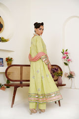 Threads & Weaves Embroidered Lime Green 3-Piece Ready-to-Wear Lawn Suit with Peach Dupatta