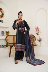 Threads & Weaves Black & Maroon Embroidered Lawn 3-Piece Pret Suit