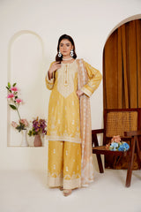 Threads & Weaves Golden Mustard Embroidered Viscose 3-Piece Pret Suit