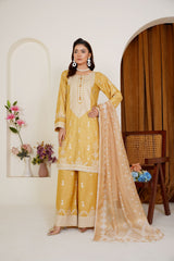 Threads & Weaves Golden Mustard Embroidered Viscose 3-Piece Pret Suit