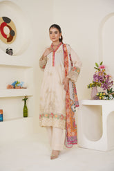 Threads & Weaves Ivory Cream Embroidered Lawn 3-Piece Pret Suit with Multicolor Dupatta