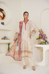Threads & Weaves Ivory Cream Embroidered Lawn 3-Piece Pret Suit with Multicolor Dupatta