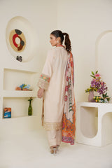 Threads & Weaves Ivory Cream Embroidered Lawn 3-Piece Pret Suit with Multicolor Dupatta