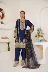 Threads & Weaves Royal Blue Embroidered Lawn 3-Piece Pret Suit
