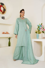 Threads & Weaves Pastel Sea Green Solid 3-Piece Ready-to-Wear Suit with Embroidered Dupatta & Trouser