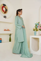 Threads & Weaves Pastel Sea Green Solid 3-Piece Ready-to-Wear Suit with Embroidered Dupatta & Trouser