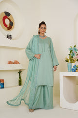 Threads & Weaves Pastel Sea Green Solid 3-Piece Ready-to-Wear Suit with Embroidered Dupatta & Trouser
