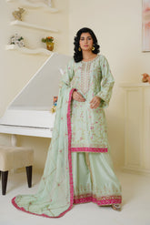 Threads & Weaves Mint Green & Pink Embroidered Viscose 3-Piece Suit