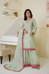 Threads & Weaves Mint Green & Pink Embroidered Viscose 3-Piece Suit