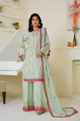 Threads & Weaves Mint Green & Pink Embroidered Viscose 3-Piece Suit