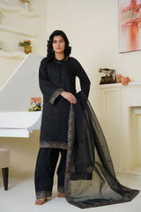 Threads & Weaves Classic Black Embroidered Viscose 3-Piece Suit