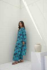 Preet Print Edit By Suitsu Stitched Summer Suit-Riya Turquoise Azure