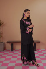 Dhaga Stitched Solid 2 Piece Emb Suit-Black Rose