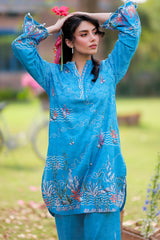 Print Muse By Sahar Stitched Co Ords Cambric Suit-Azure Spring