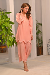 Dhaga Stitched 2 Piece Solids Crepe Summer Suit-Carnation