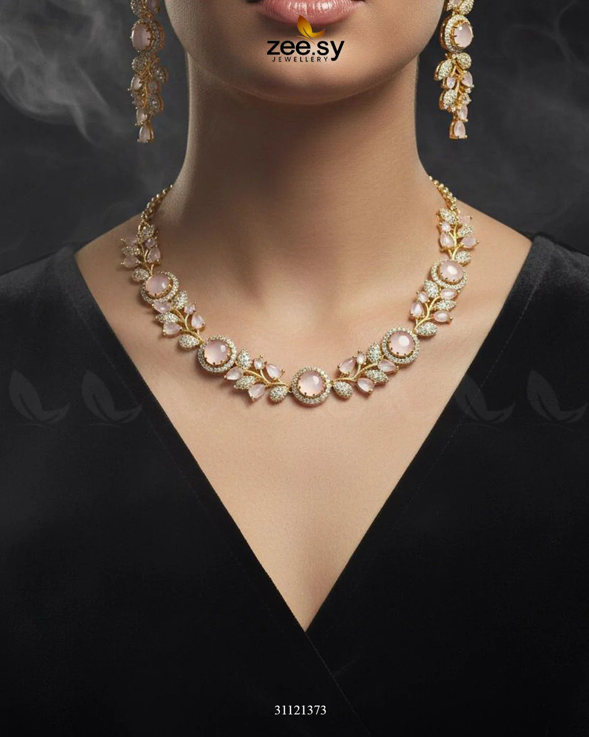 Exquisite Floral Necklace Set Golden Mint Pink - Zeesy Jewellery