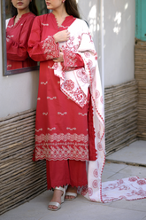 Chameli Studio Red Dahlia 3 Piece Unstitched Embroidered Cotton Lawn