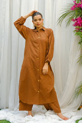 Dhaga Stitched 2 Piece Solids Crepe Summer Suit-Almond