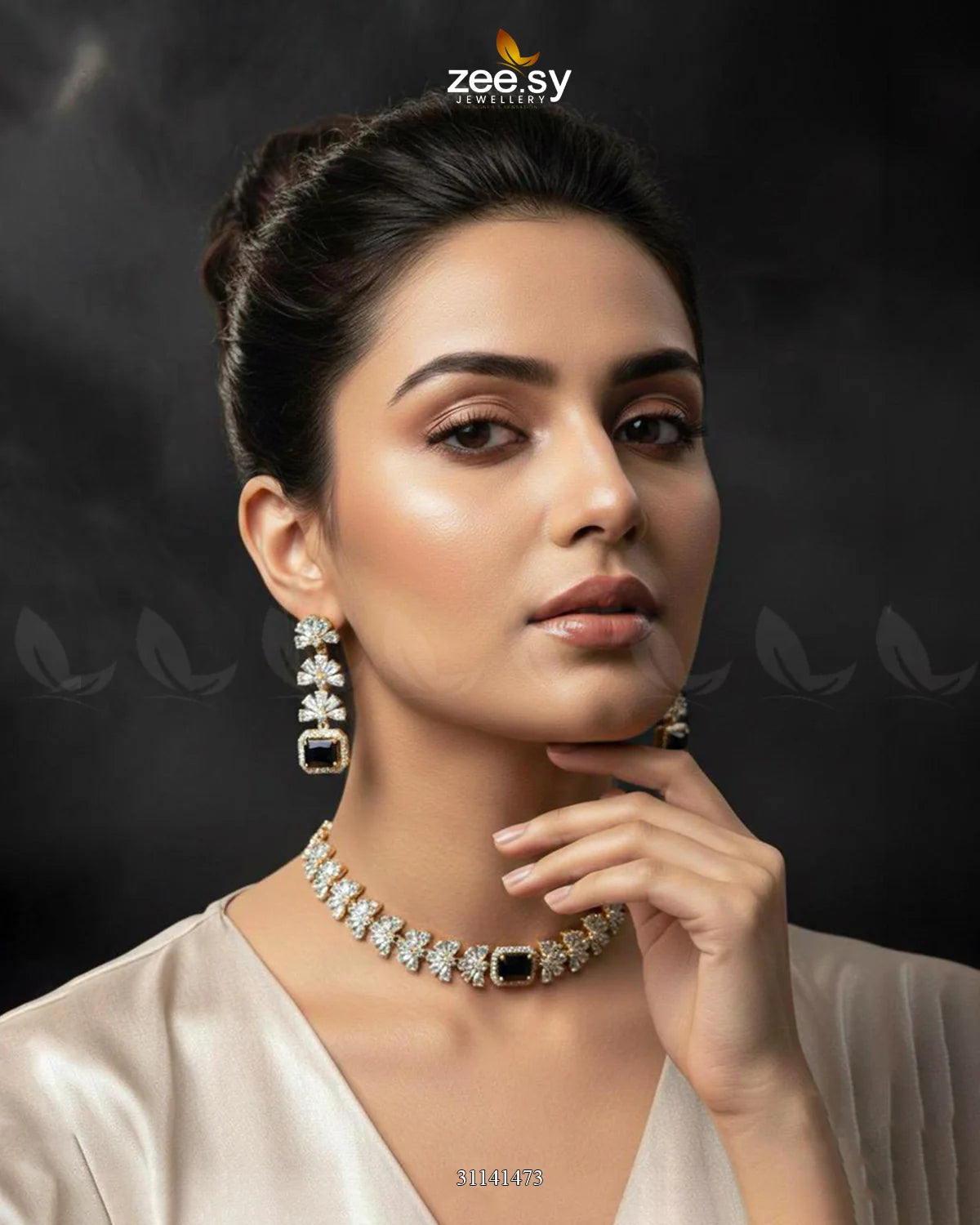 Intricate Square Cluster Necklace Set Golden Black - Zeesy Jewellery