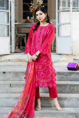 Dhaga Stitched 3 Piece Embroidered Summer Suit-Carmine