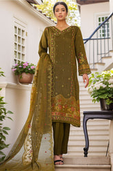 Sheer By HZ Stitched 3 Piece Emb Khaddi Net Formals Suit-HZK-227-Mehndi